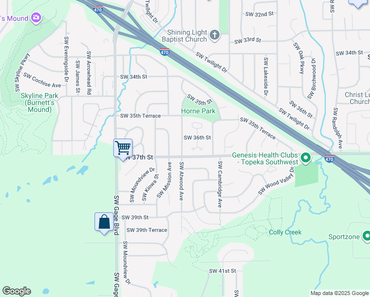 map of restaurants, bars, coffee shops, grocery stores, and more near 3715 Southwest 36th Street in Topeka