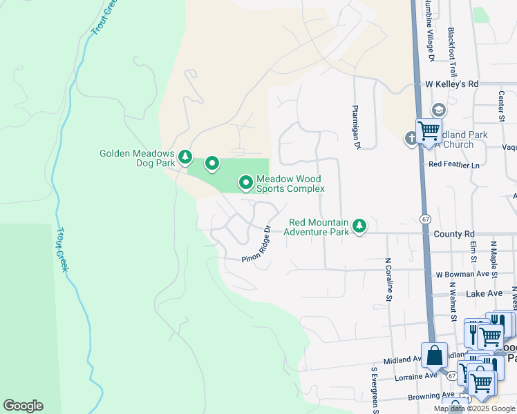 map of restaurants, bars, coffee shops, grocery stores, and more near 829 Misty Pines Circle in Woodland Park