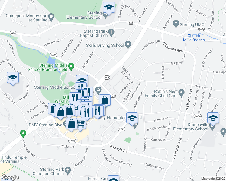 map of restaurants, bars, coffee shops, grocery stores, and more near 115 North College Drive in Sterling