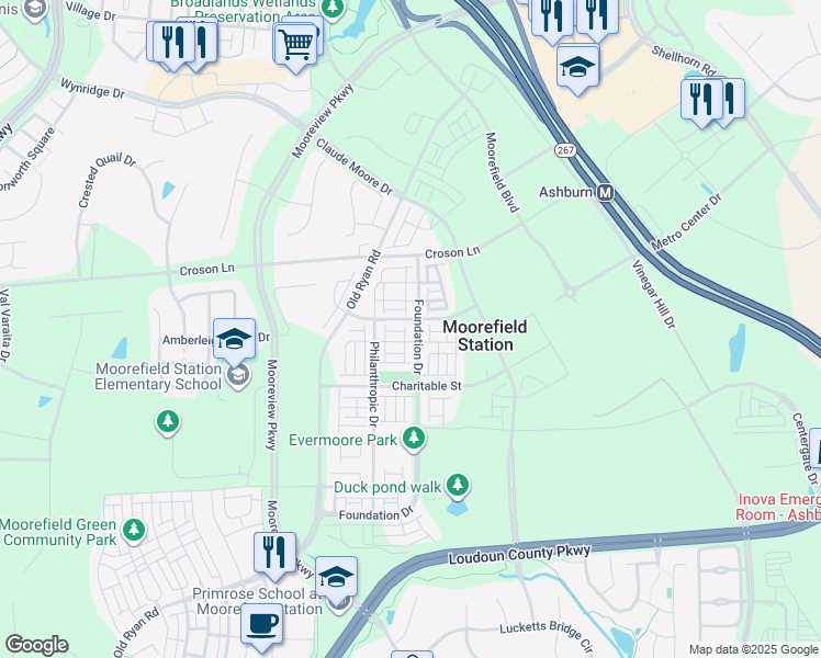 map of restaurants, bars, coffee shops, grocery stores, and more near 22166 Maple Tree Terrace in Ashburn