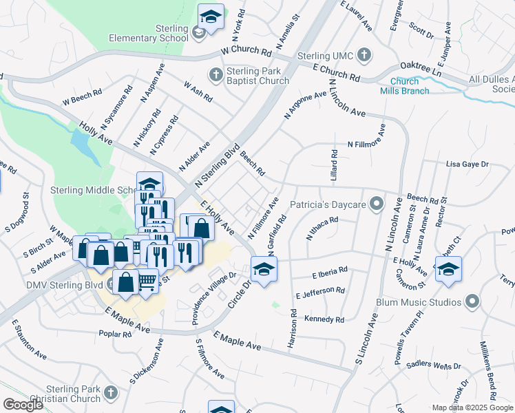 map of restaurants, bars, coffee shops, grocery stores, and more near 201 North Emory Drive in Sterling