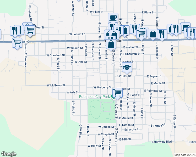 map of restaurants, bars, coffee shops, grocery stores, and more near 601 South Howard Street in Robinson