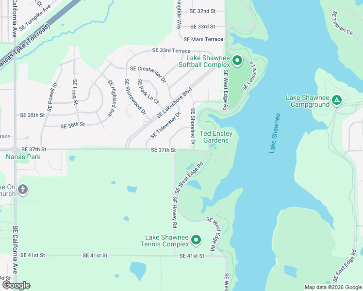 map of restaurants, bars, coffee shops, grocery stores, and more near 2641 Southeast Waters Edge Lane in Topeka