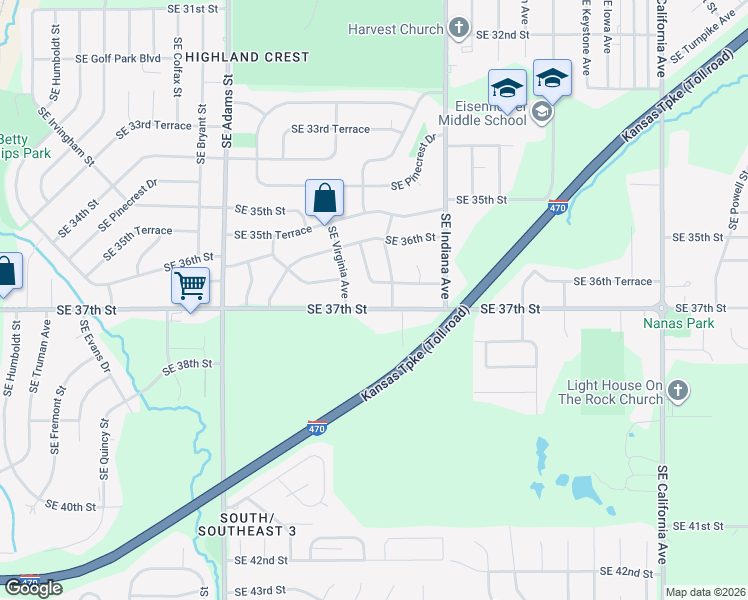 map of restaurants, bars, coffee shops, grocery stores, and more near 1120 Southeast Ohio Avenue in Topeka