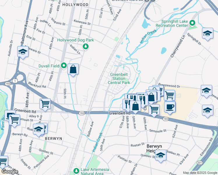 map of restaurants, bars, coffee shops, grocery stores, and more near 8101 Greenbelt Station Parkway in College Park