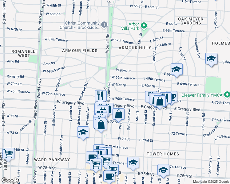map of restaurants, bars, coffee shops, grocery stores, and more near 7001 Brookside Road in Kansas City