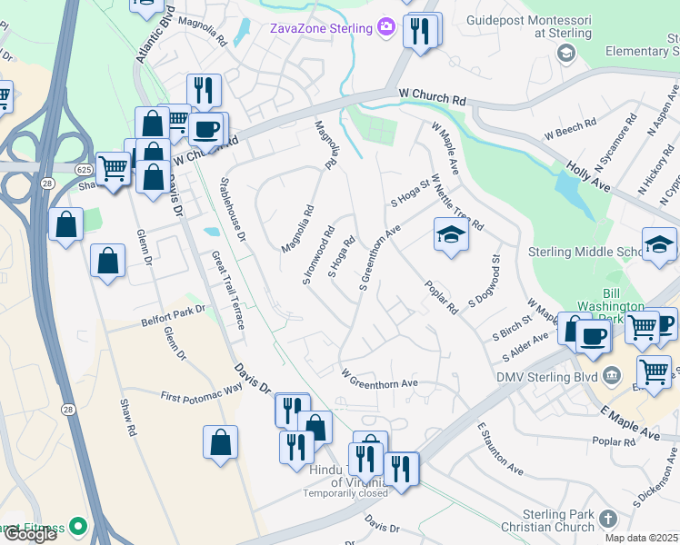 map of restaurants, bars, coffee shops, grocery stores, and more near 1016 South Hoga Road in Sterling