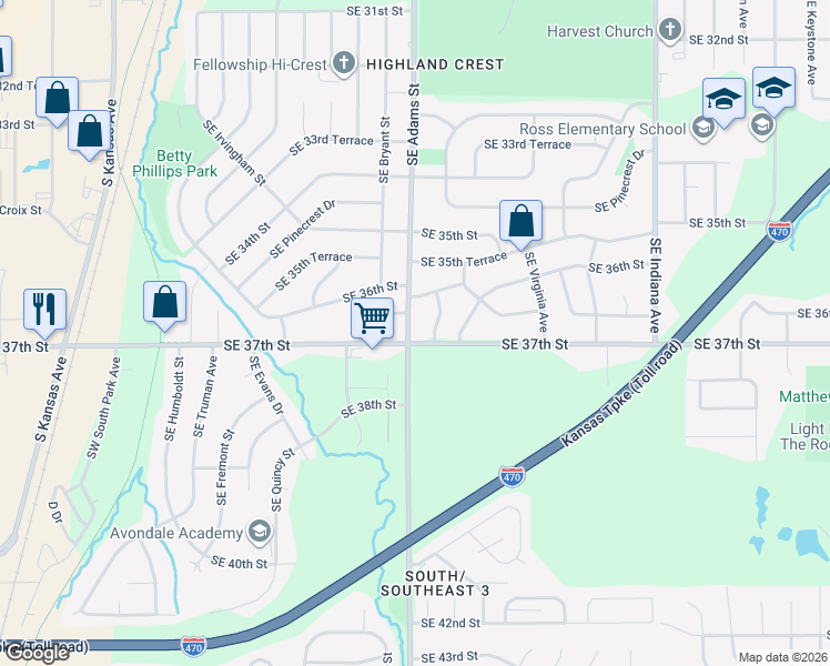 map of restaurants, bars, coffee shops, grocery stores, and more near 3612 SE Adams St in Topeka
