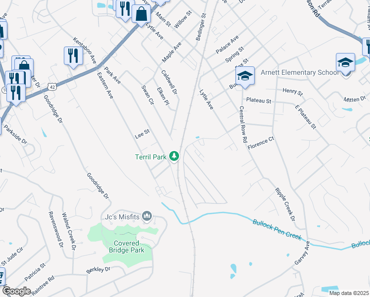 map of restaurants, bars, coffee shops, grocery stores, and more near 1118 Edwards Road in Elsmere