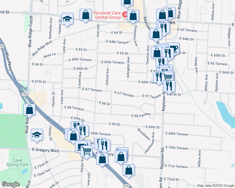 map of restaurants, bars, coffee shops, grocery stores, and more near 9416 East 67 Terrace in Raytown