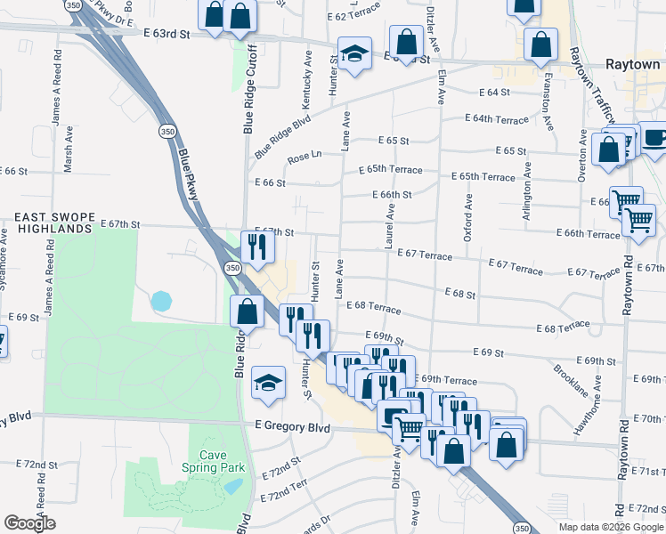 map of restaurants, bars, coffee shops, grocery stores, and more near 9001 East 67 Terrace in Raytown
