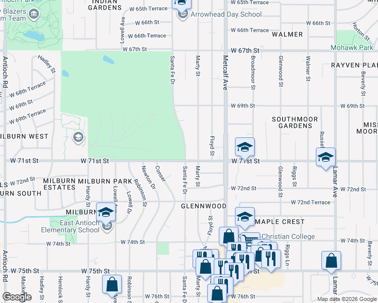 map of restaurants, bars, coffee shops, grocery stores, and more near 7021 Santa Fe Drive in Overland Park