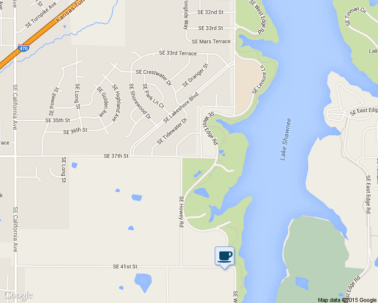 map of restaurants, bars, coffee shops, grocery stores, and more near 2641 Southeast Waters Edge Lane in Topeka