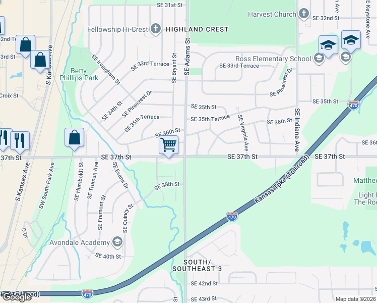 map of restaurants, bars, coffee shops, grocery stores, and more near 3612 SE Adams St in Topeka