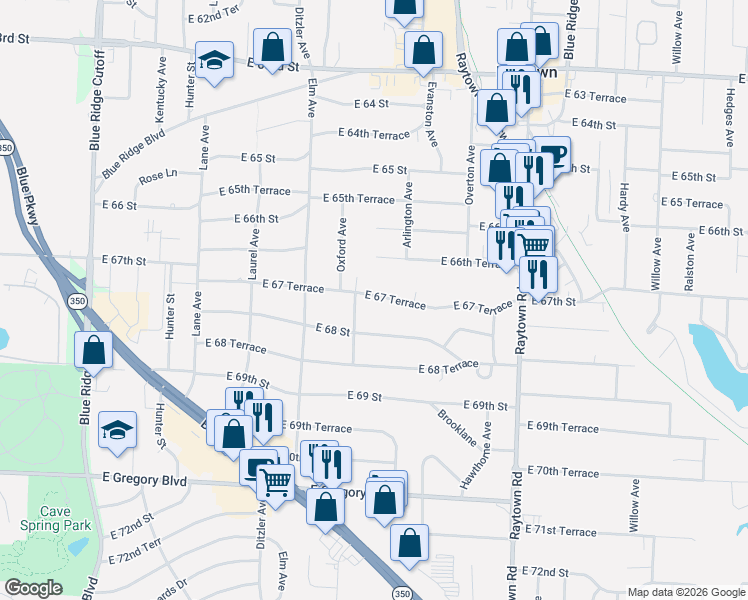 map of restaurants, bars, coffee shops, grocery stores, and more near 9416 East 67 Terrace in Raytown