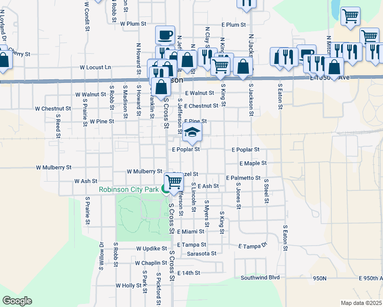 map of restaurants, bars, coffee shops, grocery stores, and more near 513-599 S Webster St in Robinson