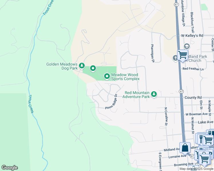 map of restaurants, bars, coffee shops, grocery stores, and more near 820 Misty Pines Circle in Woodland Park