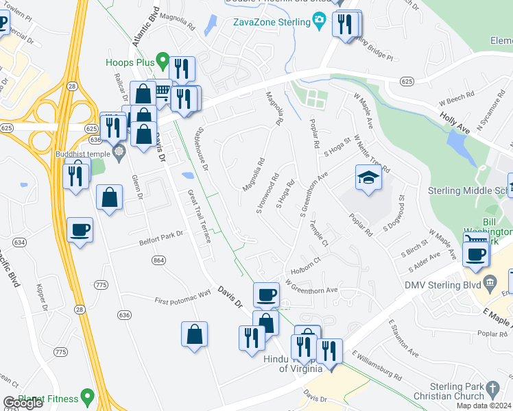 map of restaurants, bars, coffee shops, grocery stores, and more near 1029 South Ironwood Road in Sterling