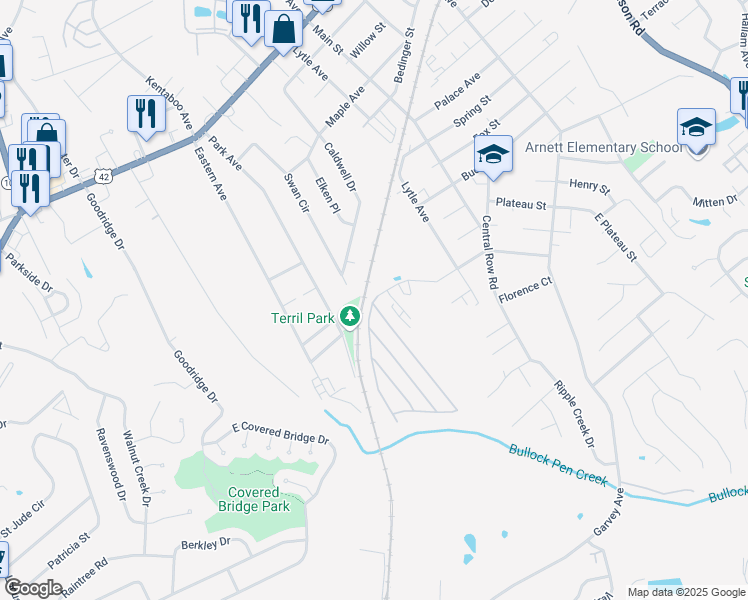 map of restaurants, bars, coffee shops, grocery stores, and more near 1150 Edwards Road in Elsmere