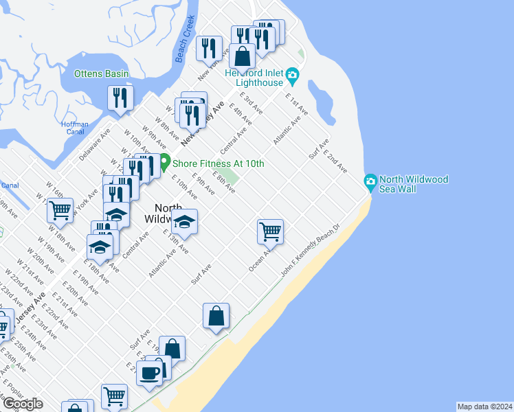 map of restaurants, bars, coffee shops, grocery stores, and more near 708 Surf Avenue in North Wildwood