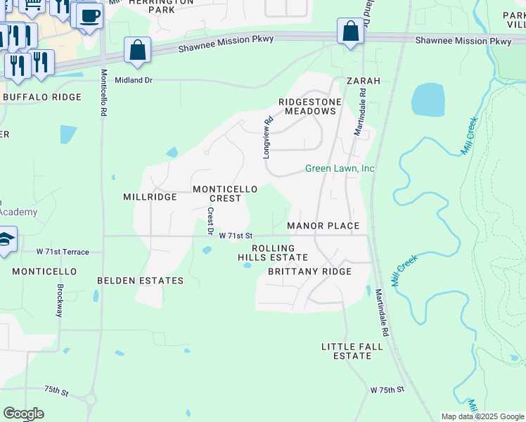 map of restaurants, bars, coffee shops, grocery stores, and more near 7003 Marion Drive in Shawnee