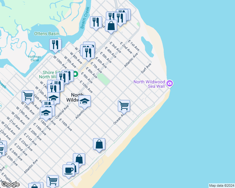 map of restaurants, bars, coffee shops, grocery stores, and more near 708 Surf Avenue in North Wildwood