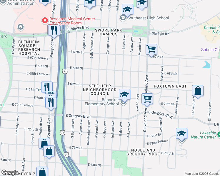 map of restaurants, bars, coffee shops, grocery stores, and more near 6838 Indiana Avenue in Kansas City