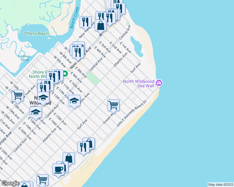 map of restaurants, bars, coffee shops, grocery stores, and more near 405 East 7th Avenue in North Wildwood
