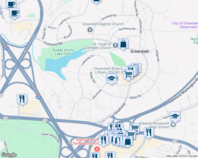 map of restaurants, bars, coffee shops, grocery stores, and more near 2 Westway in Greenbelt