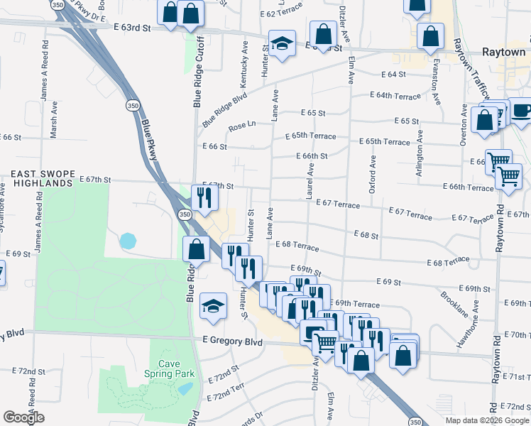 map of restaurants, bars, coffee shops, grocery stores, and more near 9001 East 67 Terrace in Raytown