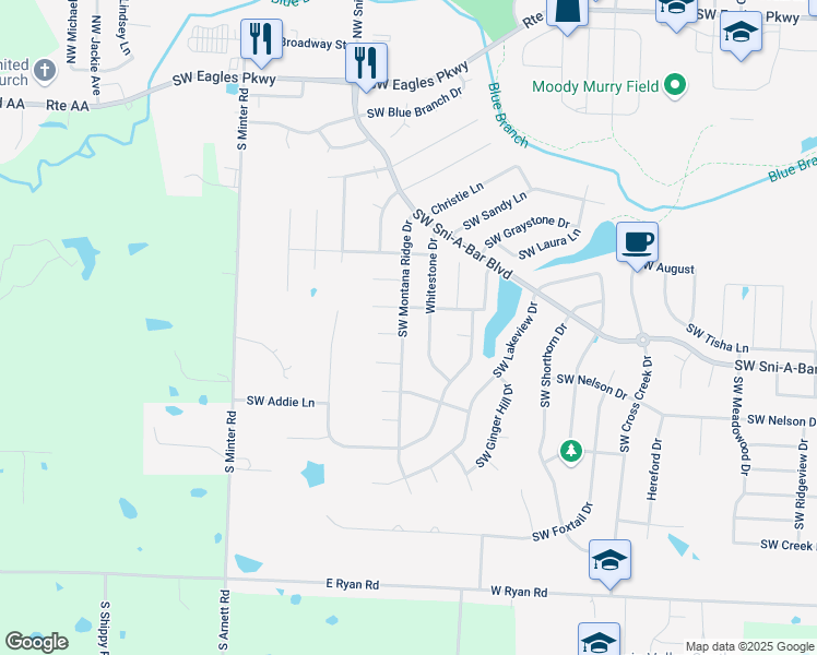 map of restaurants, bars, coffee shops, grocery stores, and more near 1129 Stockman Drive in Grain Valley