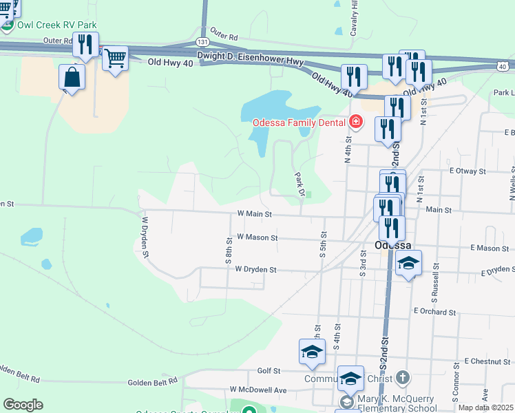 map of restaurants, bars, coffee shops, grocery stores, and more near 106 Lakeview Drive in Odessa