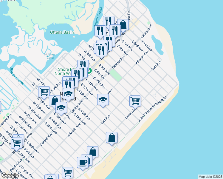 map of restaurants, bars, coffee shops, grocery stores, and more near in North Wildwood
