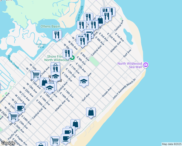 map of restaurants, bars, coffee shops, grocery stores, and more near in North Wildwood