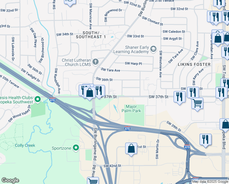 map of restaurants, bars, coffee shops, grocery stores, and more near 2016 Southwest 37th Street in Topeka