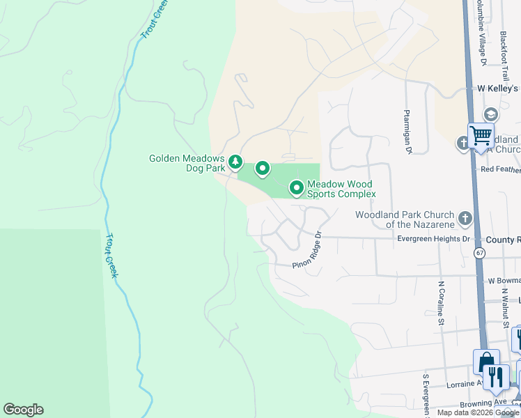 map of restaurants, bars, coffee shops, grocery stores, and more near 1530 Bradford Court in Woodland Park