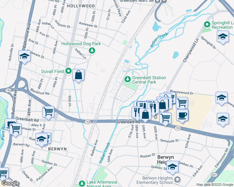 map of restaurants, bars, coffee shops, grocery stores, and more near 8112 Greenbelt Station Parkway in College Park