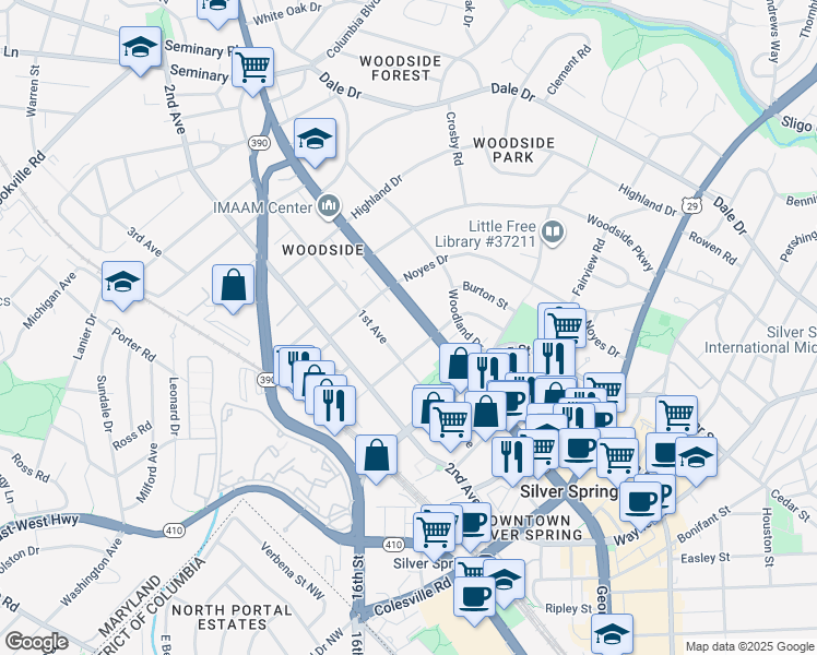 map of restaurants, bars, coffee shops, grocery stores, and more near 8900 Georgia Avenue in Silver Spring