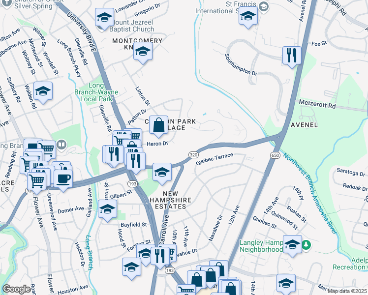 map of restaurants, bars, coffee shops, grocery stores, and more near 8908 Piney Branch Road in Silver Spring