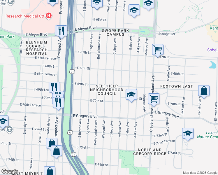 map of restaurants, bars, coffee shops, grocery stores, and more near 3200 East 69th Street in Kansas City