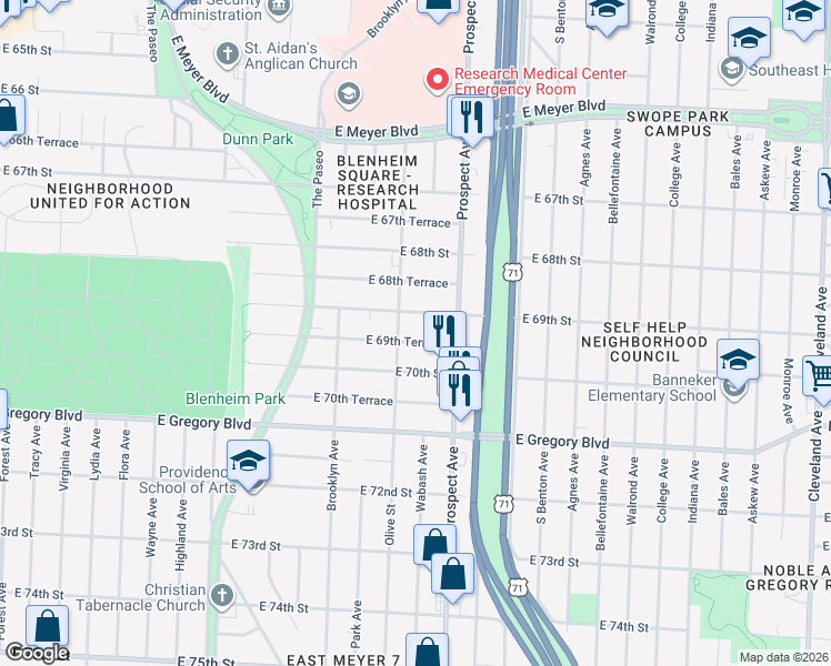 map of restaurants, bars, coffee shops, grocery stores, and more near 2407 East 69th Street in Kansas City