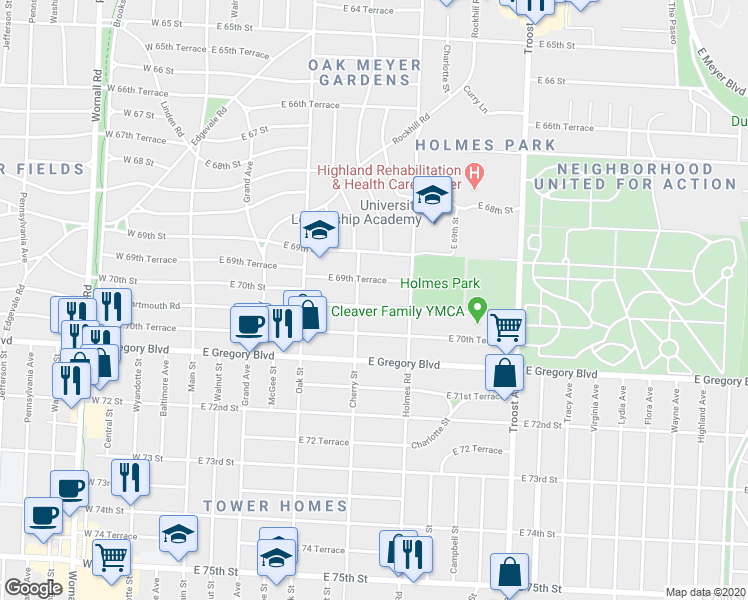 map of restaurants, bars, coffee shops, grocery stores, and more near 619 East 69th Terrace in Kansas City