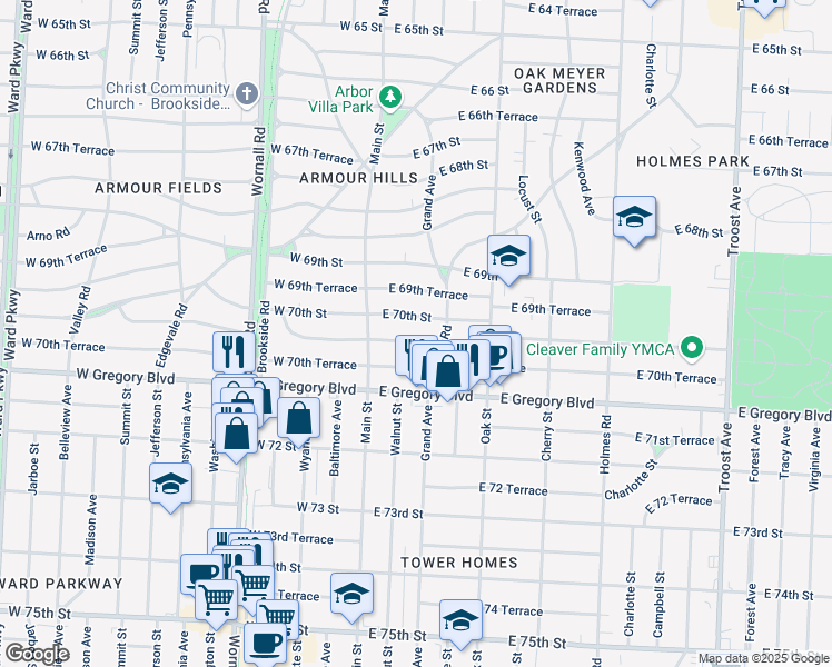 map of restaurants, bars, coffee shops, grocery stores, and more near 113 East 70th Street in Kansas City