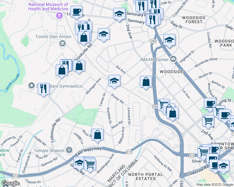 map of restaurants, bars, coffee shops, grocery stores, and more near 2111 Porter Road in Silver Spring