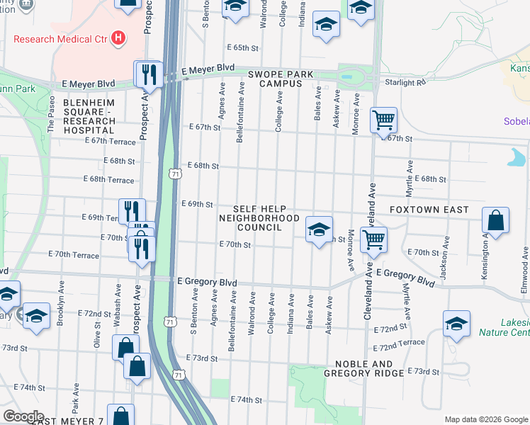 map of restaurants, bars, coffee shops, grocery stores, and more near 3200 East 69th Street in Kansas City
