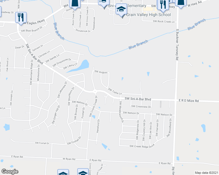 map of restaurants, bars, coffee shops, grocery stores, and more near 638 Southwest Tisha Lane in Grain Valley