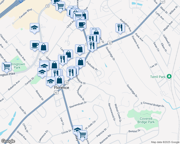 map of restaurants, bars, coffee shops, grocery stores, and more near 7011 Glen Kerry Court in Florence