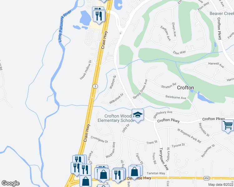 map of restaurants, bars, coffee shops, grocery stores, and more near 1748 Floral Court in Crofton