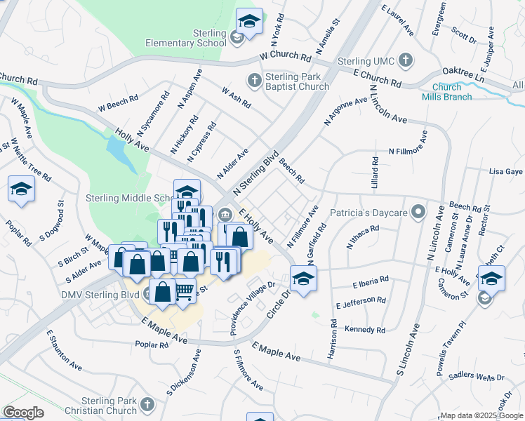 map of restaurants, bars, coffee shops, grocery stores, and more near 302 East Furman Drive in Sterling
