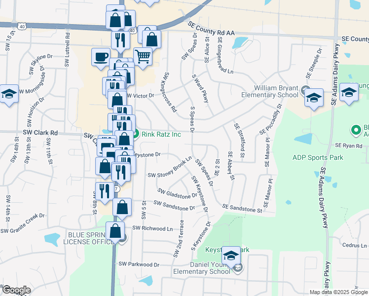 map of restaurants, bars, coffee shops, grocery stores, and more near 208 Southwest Castlerock in Blue Springs